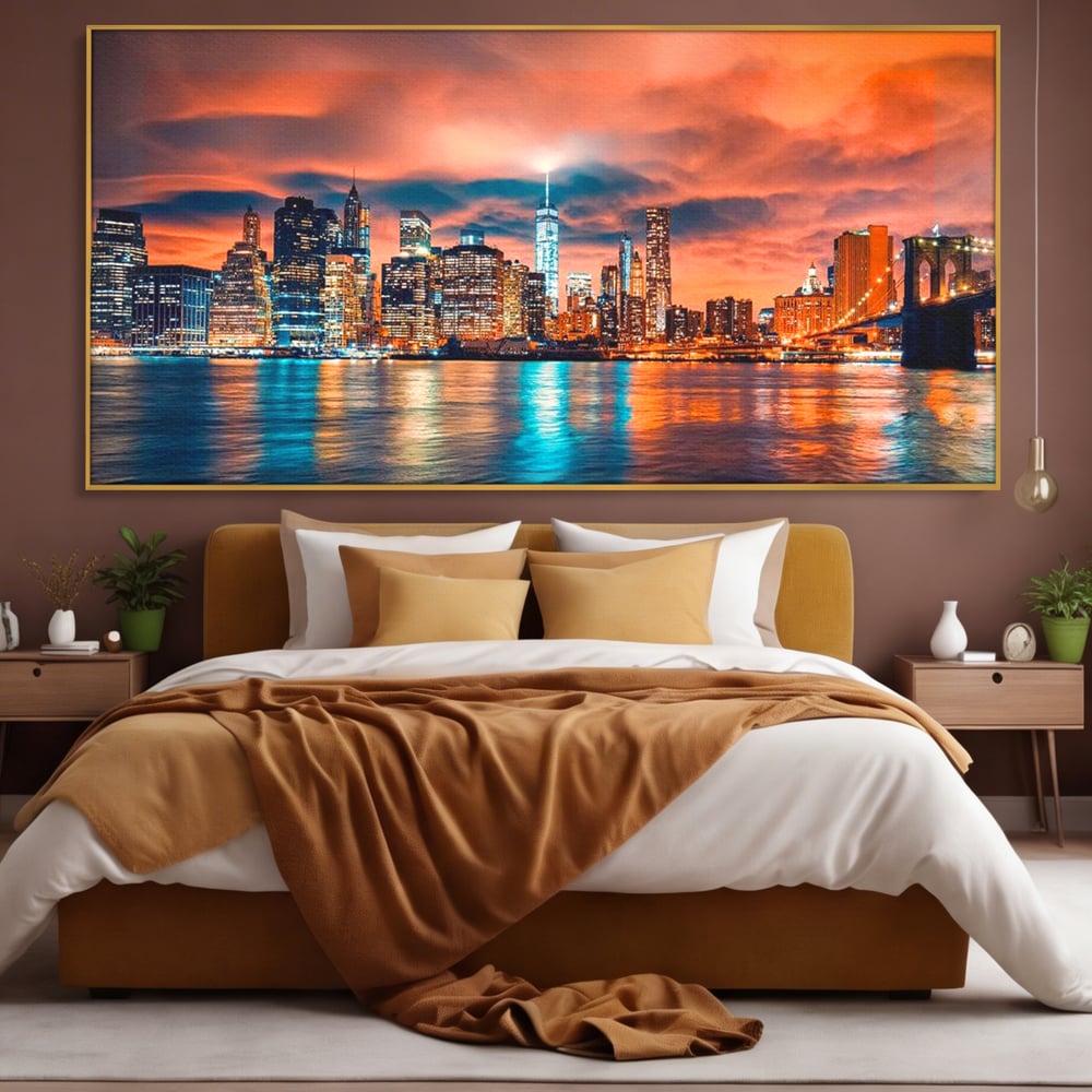 Tablou canvas cu tablou canvas cu peisaj urban nocturn, in rama de aluminiu auriu, pe perete intr-un dormitor